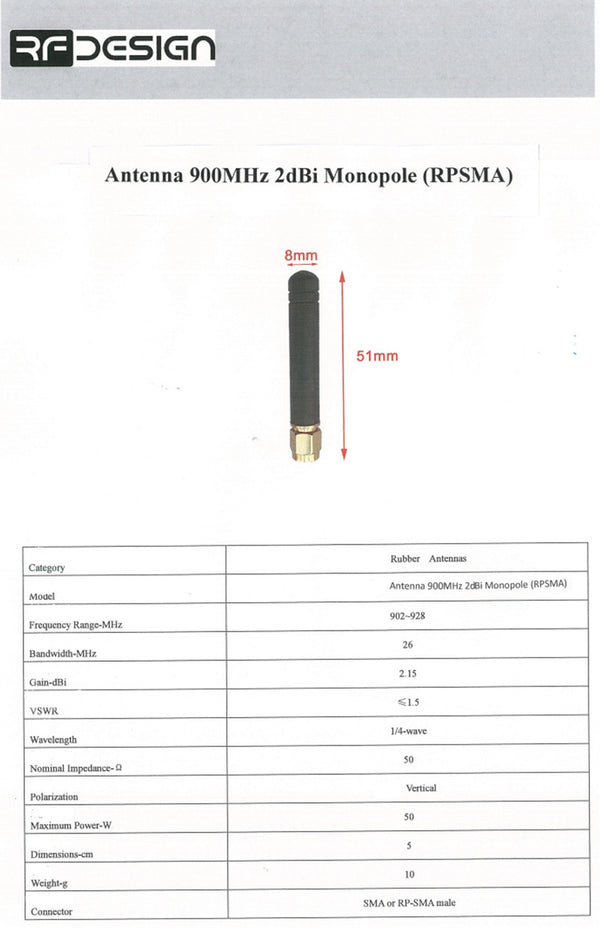 900MHz 2dBi Monopole Антенна (RPSMA) 3