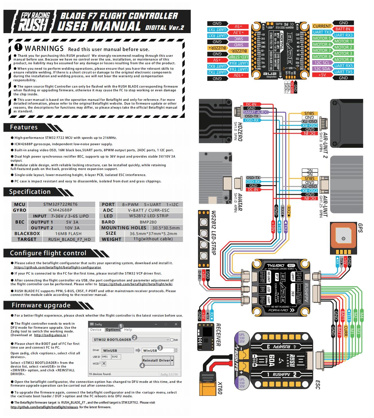 RUSH BLADE F722 30x30 Flight Controller For DJI Digital V2 Version