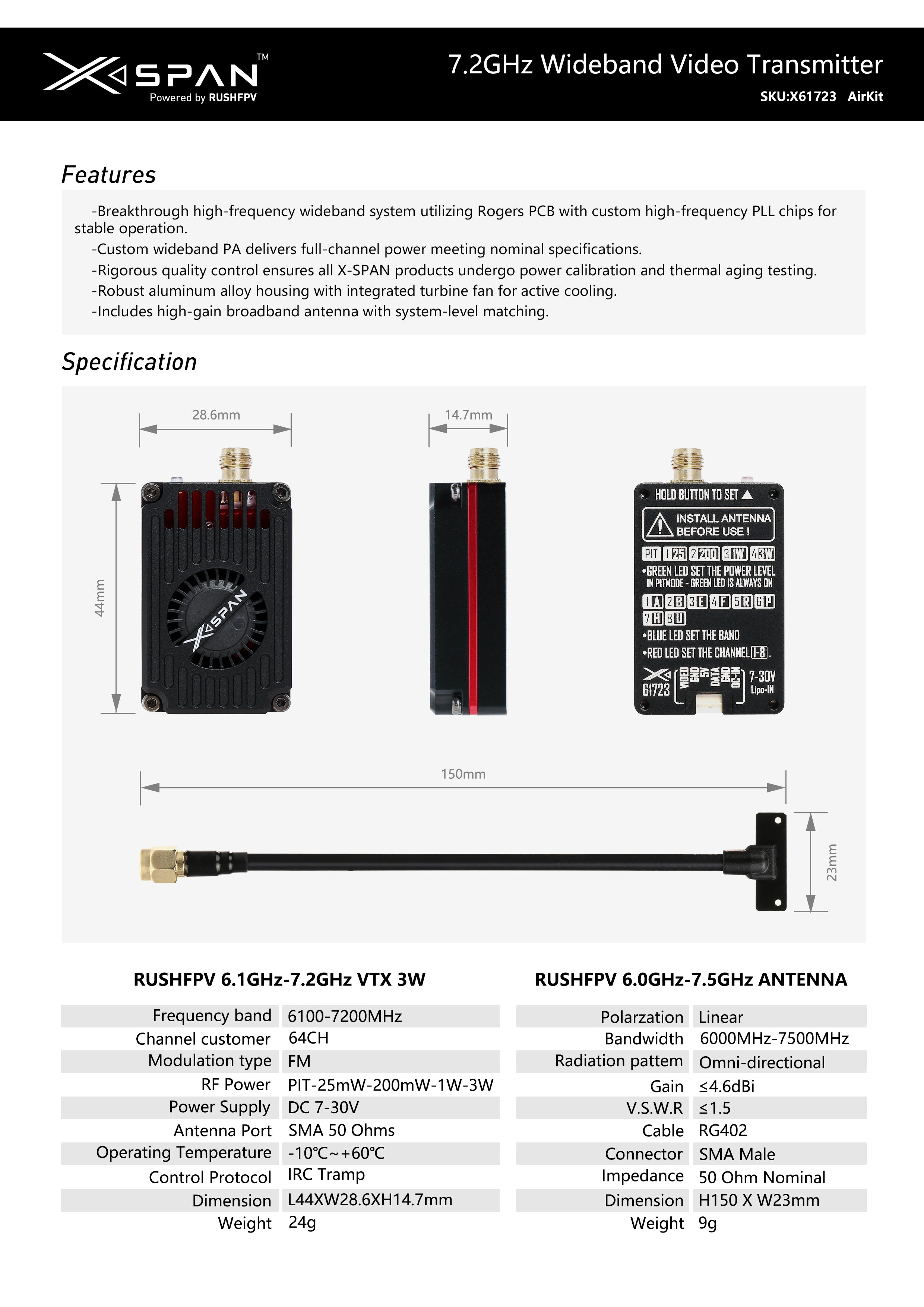 RUSH 6.1G-7.2G XSPAN 3W VTX Transmitter Module